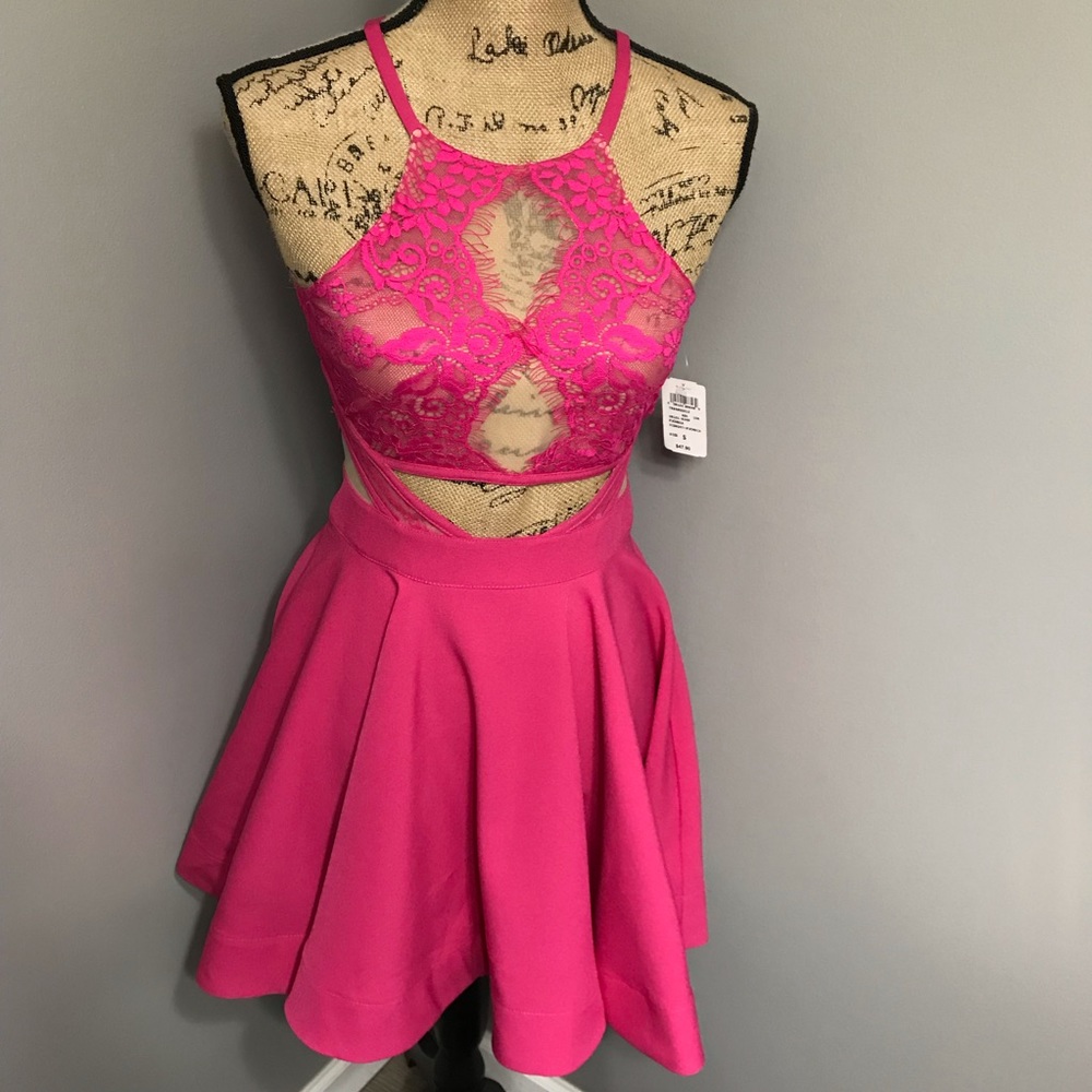 Windsor Halter Lace Skater Dress Hot Pink Fuchsia